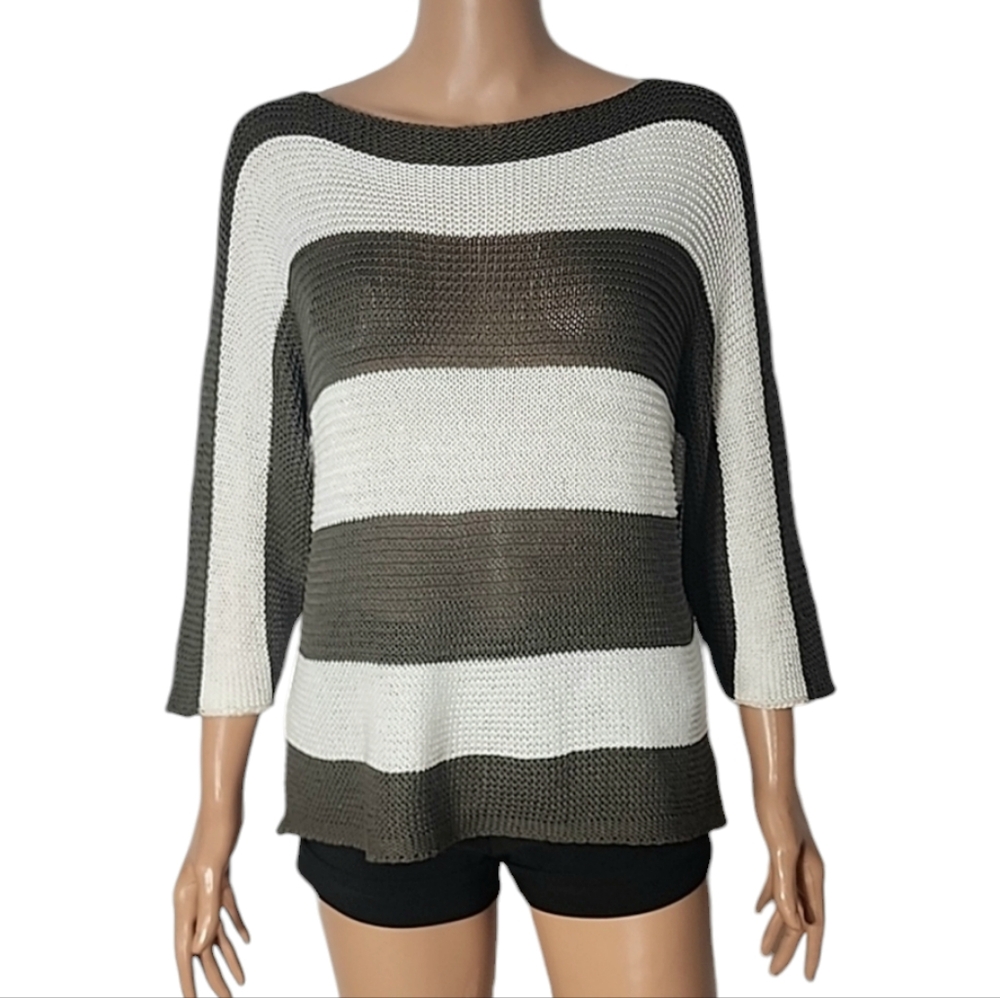 CARINA RICCI‎ Sweater Womens Size M  Open Knit Striped Boat Neck Green White